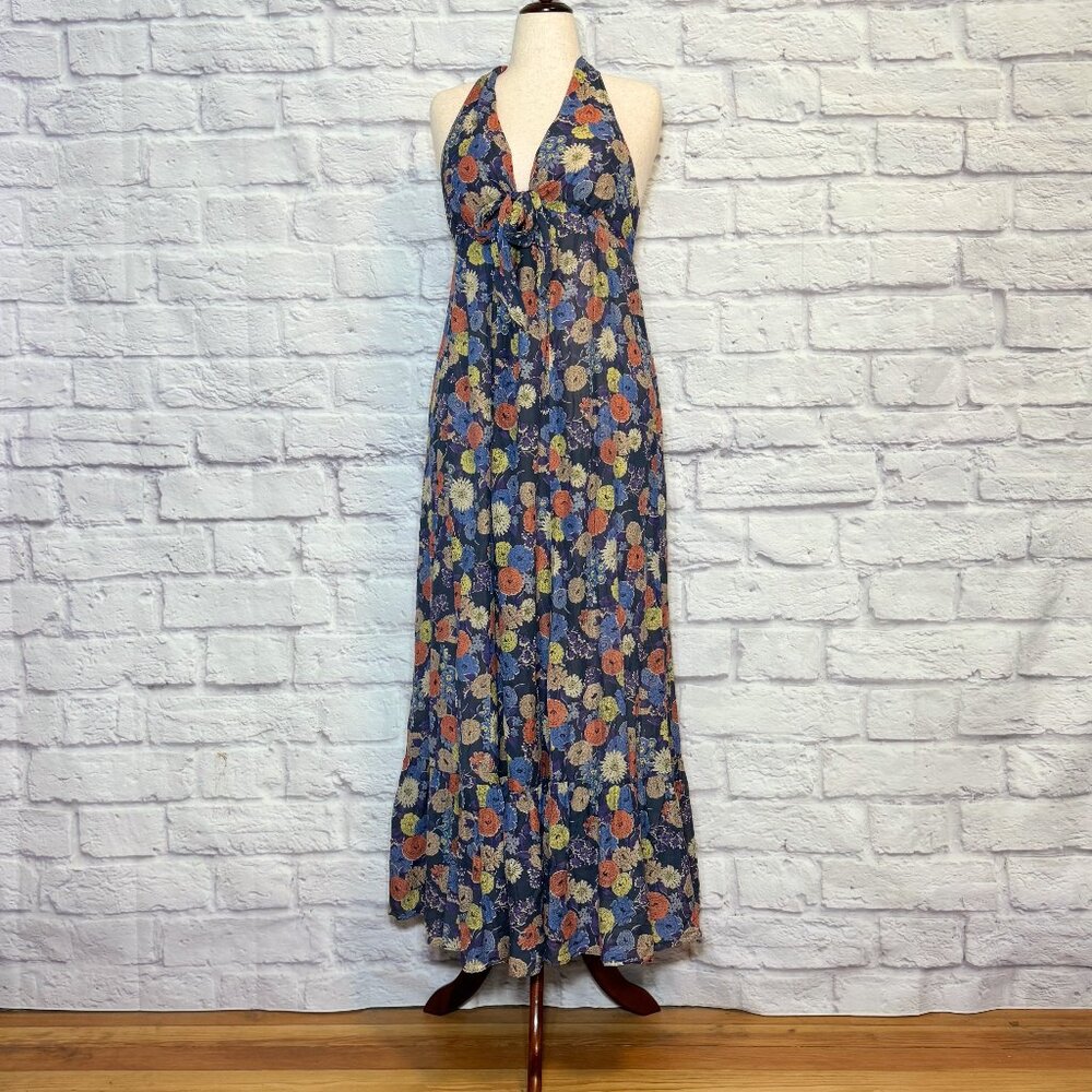 Anthropologie Lil Navy Blue Floral Halter Dress